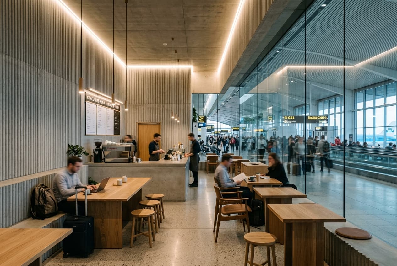 Architectural third-wave coffee lounge in modern transit terminal