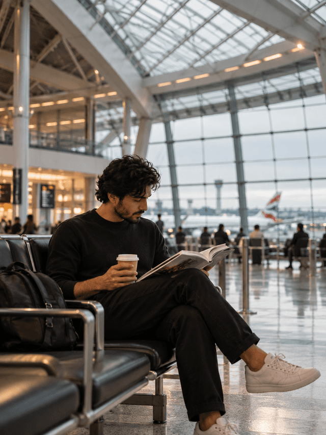 Founder working in international lounge concourse