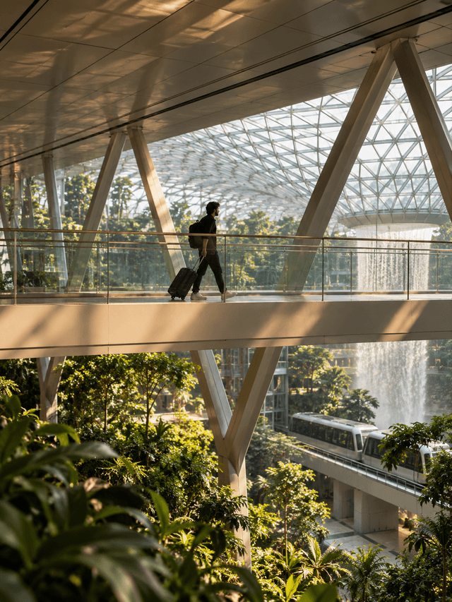 Operator traveling across modern Singapore skybridge