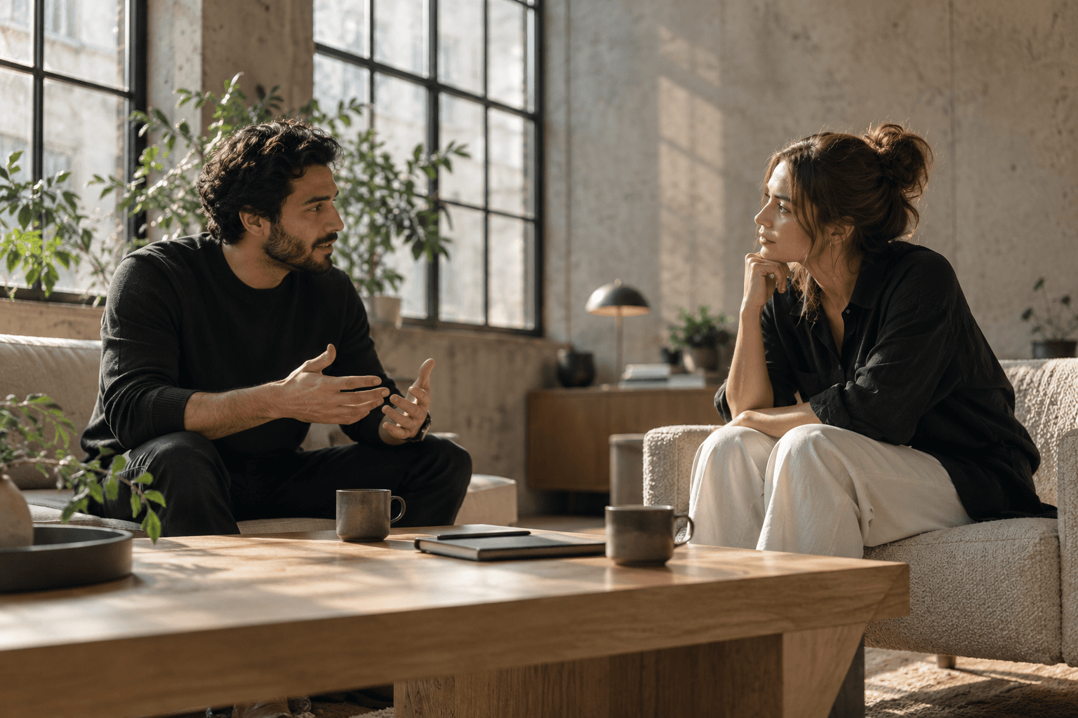 Two creative founders in thoughtful, candid conversation across an architectural lounge